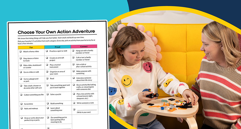 A child and parent sit together on a yellow couch playing with building blocks, next to a 'Choose Your Own Action Adventure' worksheet from The Kids Mental Health Foundation that encourages kids to pick daily activities that build joy, pride, and connection.