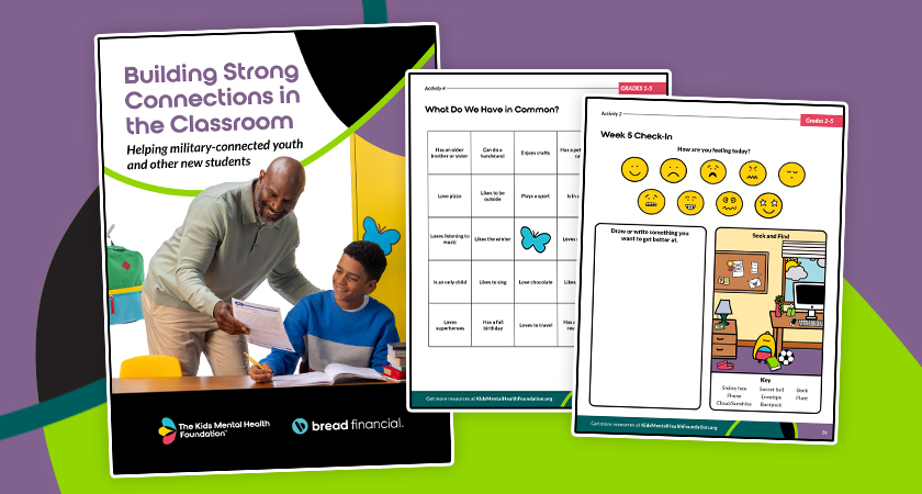 Collection of classroom resources from The Kids Mental Health Foundation, including 'Building Strong Connections in the Classroom' lesson plan and student worksheets like 'What Do We Have in Common?' and 'Week 5 Check-In,' designed to support military-connected youth and social-emotional learning.