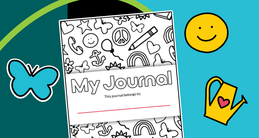 Colorful graphic of a 'My Journal' cover designed for kids, featuring doodles of hearts, rainbows, butterflies, and peace signs, surrounded by cheerful icons to encourage self-expression and emotional wellness.