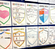 A wall of colored shields