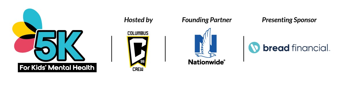 Logos for the 5K for Kids’ Mental Health, Columbus Crew, Nationwide, and Bread Financial.