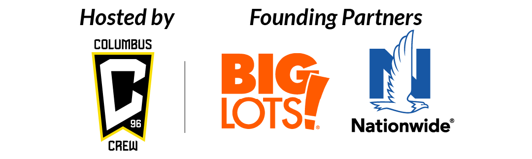 Event hosted by Columbus Crew, with founding partners Big Lots and Nationwide. Logos featured for all three organizations, supporting youth and mental health initiatives.