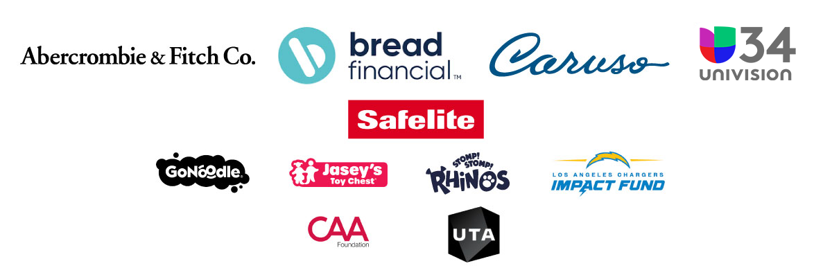 Sponsor logo panel featuring partners of The Kids Mental Health Foundation, including Abercrombie & Fitch Co., Bread Financial, Caruso, Univision 34 Los Angeles, Safelite, GoNoodle, Jasey’s Toy Chest, Stomp Stomp Rhinos, Los Angeles Chargers Impact Fund, CAA Foundation, and UTA.