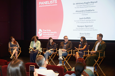 Alex Daddario, Ross Szabo, Noopur Agarwal, Josh Griffith, Andrew Levitt, Ashley Kolaya, and Dr. Whitney Raglin Bignall panelists for The Kids Mental health foundation