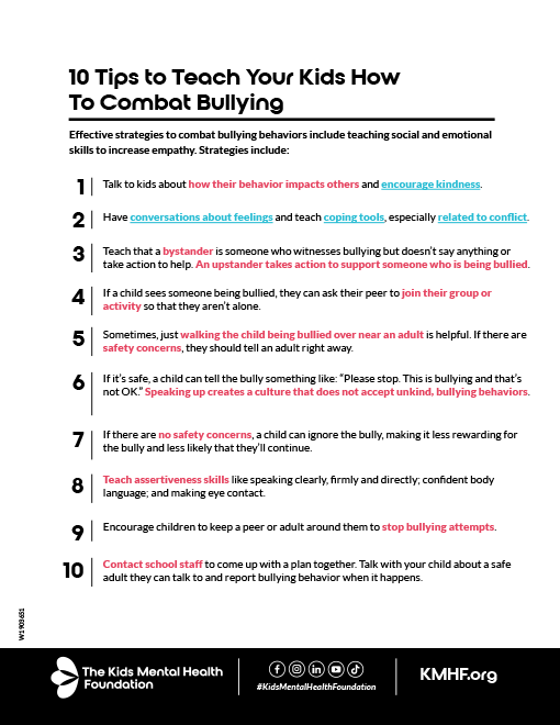 Infographic from The Kids Mental Health Foundation featuring 10 tips for teaching kids how to combat bullying, including empathy, assertiveness, bystander support, conflict resolution, and reporting bullying to trusted adults.