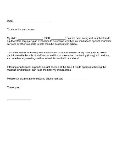 Sample letter template requesting a school evaluation for a child struggling academically, used to initiate 504 or special education support services. Includes fields for child’s name, date of birth, parent contact, and signature.