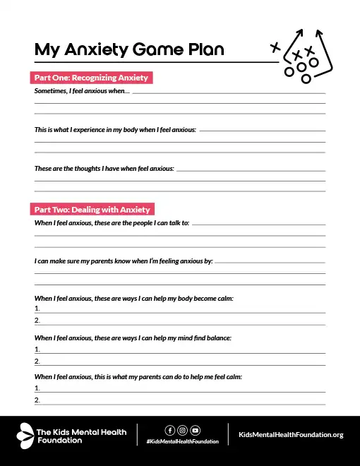 'My Anxiety Game Plan' worksheet: helps children recognize anxiety, track physical sensations, and plan calming strategies.