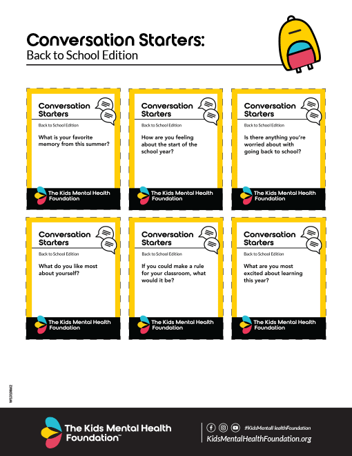 Back-to-School Conversation Starters: cards helping families discuss feelings, self-esteem, and school transition.
