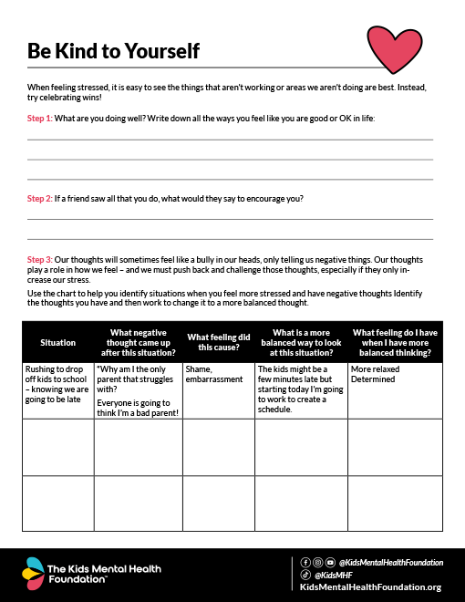 Printable mental health worksheet titled 'Be Kind to Yourself' from Kids Mental Health Foundation, helping individuals reframe negative thoughts and identify balanced thinking through guided reflection and charting.