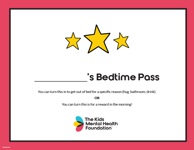 Customizable Bedtime Pass template with stars by Kids Mental Health Foundation to help with toddler bedtime routines.