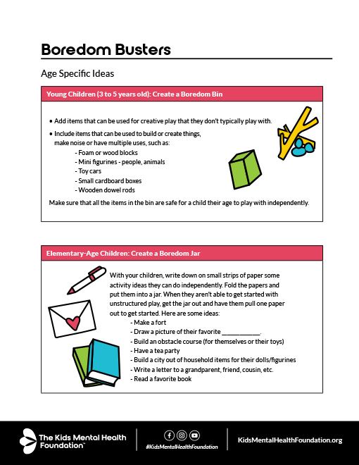 'Boredom Busters' sheet by Kids Mental Health Foundation: age-specific independent play, Boredom Bins, and Boredom Jars.