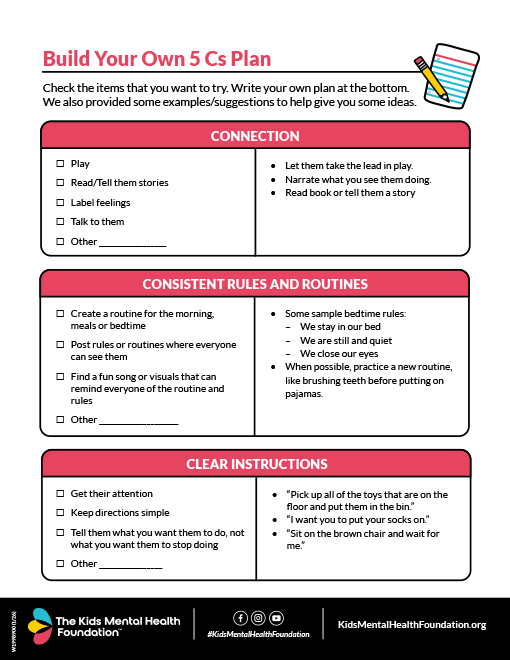 Printable worksheet titled 'Build Your Own 5 Cs Plan' from The Kids Mental Health Foundation, helping parents create a plan focused on connection, consistent rules and routines, and clear instructions to support children’s mental health.