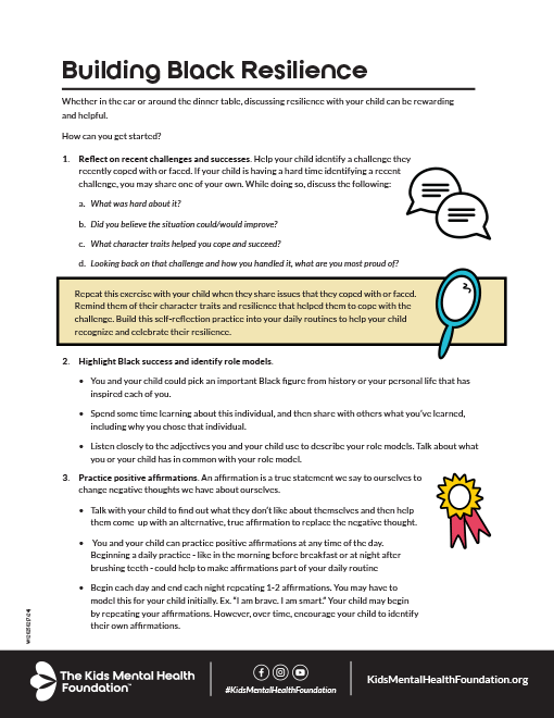 Resilience in Black children: a Kids Mental Health Foundation guide with positive affirmations, role models, and reflection.
