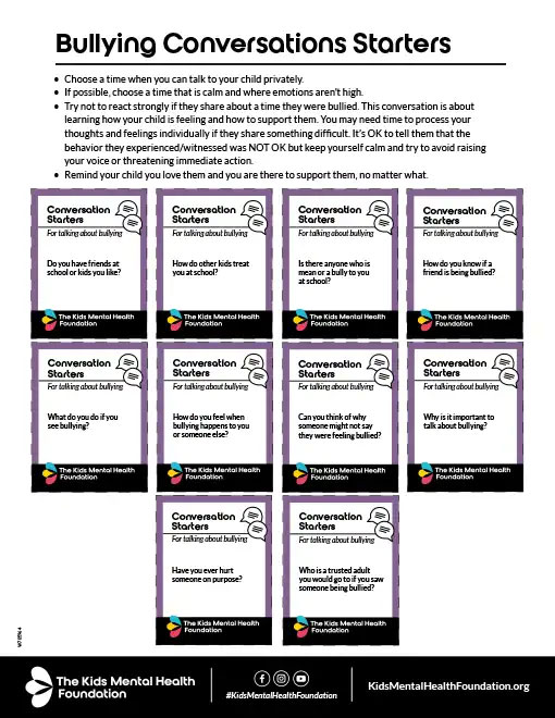 Printable bullying conversation starter cards and parent tips to help families talk about bullying.