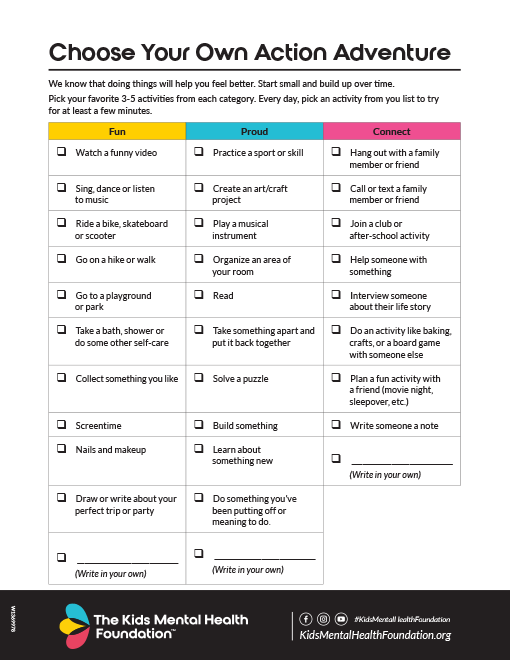 Printable behavior checklist with positive activities to help kids build daily coping skills.