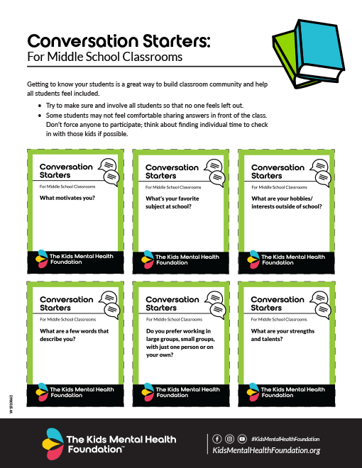 Printable middle school conversation starter cards from The Kids Mental Health Foundation for classroom discussions.