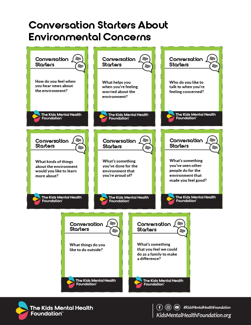 Printable conversation starters for kids about environmental concerns, created by Kids Mental Health Foundation. Includes questions to help children express feelings, explore eco-friendly actions, and build emotional awareness around environmental issues.