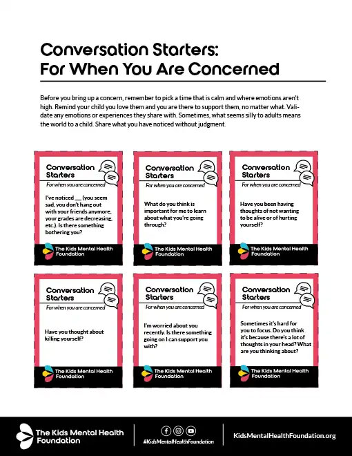 Conversation Starters: For When You Are Concerned printable cards from The Kids Mental Health Foundation for parents.