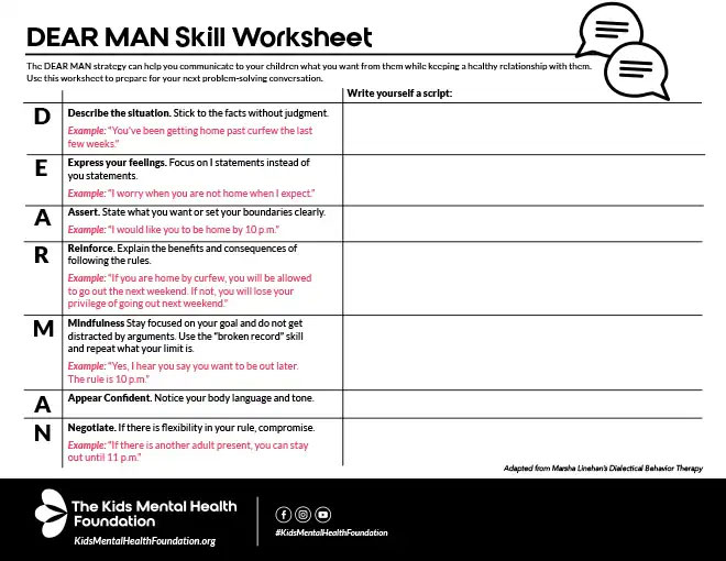 DEAR MAN Skill Worksheet printable from The Kids Mental Health Foundation for DBT communication and child mental health.