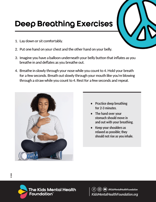 Deep Breathing Exercises printable guide from The Kids Mental Health Foundation for kids coping and emotional regulation.