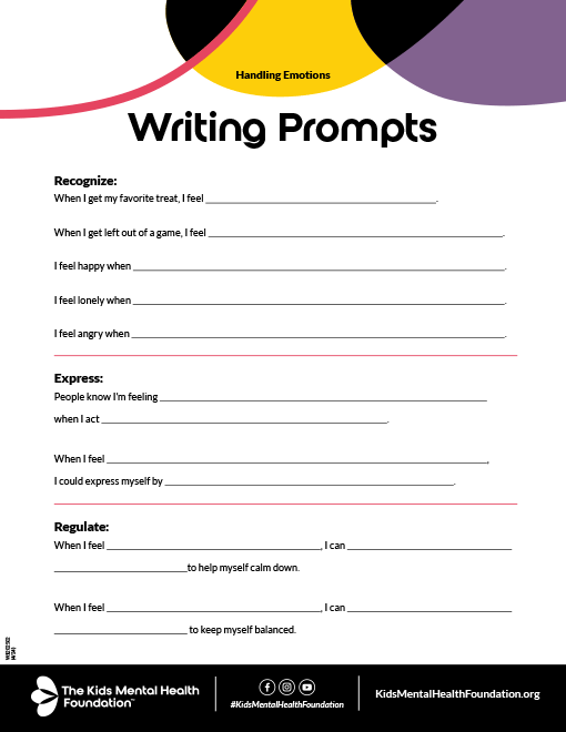 Writing Prompts printable worksheet from The Kids Mental Health Foundation for kids handling emotions and feelings.