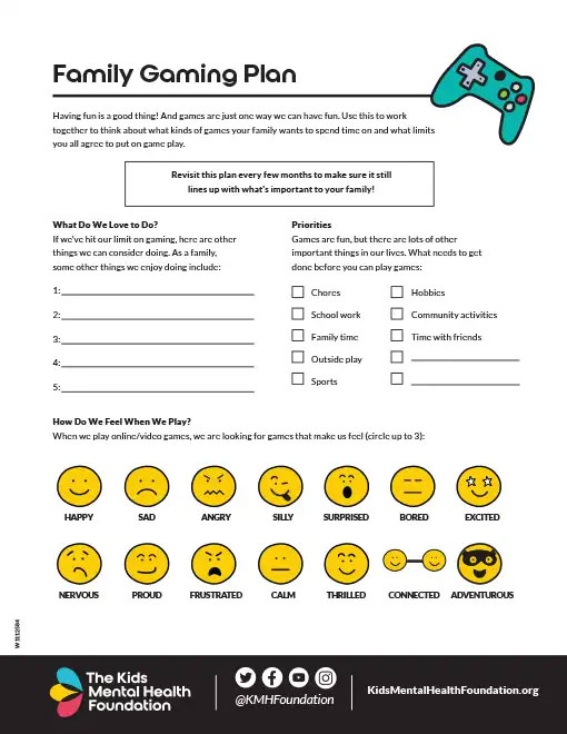 Family Gaming Plan printable worksheet from The Kids Mental Health Foundation to manage screen time and healthy habits.
