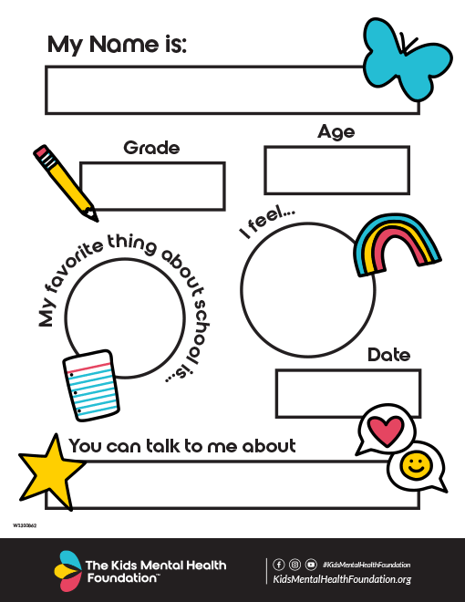 First day of school printable sign template from The Kids Mental Health Foundation for student feelings and icebreakers.