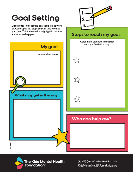 Printable 'Goal Setting' worksheet from Kids Mental Health Foundation with sections to write or draw a goal, list steps to achieve it, identify obstacles, and name supportive people.