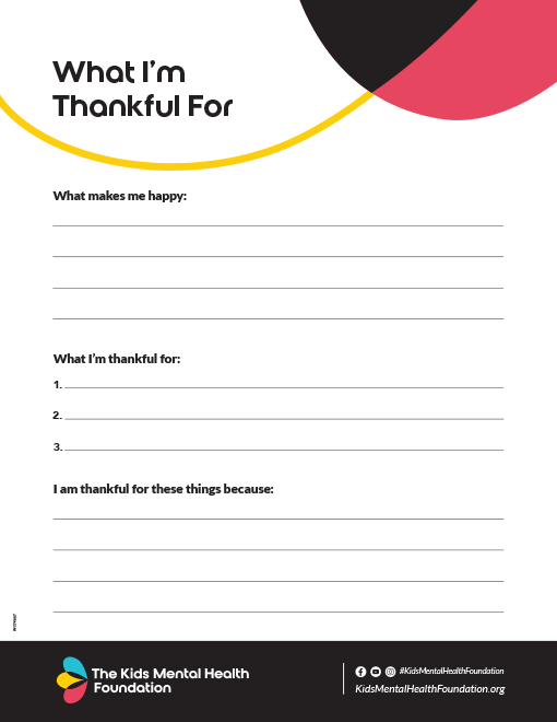 What I'm Thankful For printable gratitude worksheet from The Kids Mental Health Foundation for kids mindfulness.