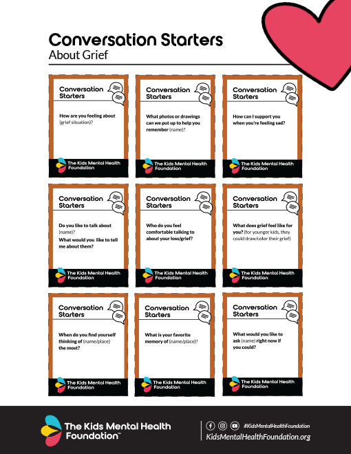 Grief conversation starters worksheet for kids by The Kids Mental Health Foundation, featuring printable therapy cards.