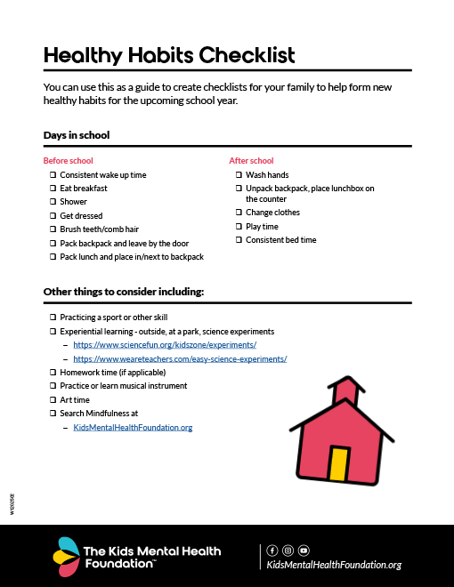 Healthy Habits Checklist printable worksheet for kids back to school routine, from The Kids Mental Health Foundation.