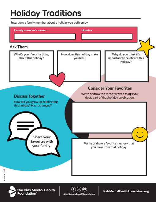 Printable worksheet titled 'Holiday Traditions' from The Kids Mental Health Foundation, with prompts for kids to interview a family member, reflect on holiday memories, and draw or write about their favorite traditions.