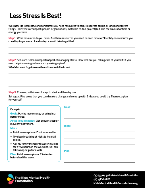 Stress management worksheet titled 'Less Stress Is Best!' with guided steps to identify resources, create a self-care plan, and set achievable goals for improved well-being.