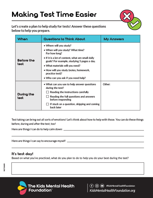 Printable worksheet titled 'Making Test Time Easier' from Kids Mental Health Foundation, with planning prompts to help students prepare for and manage stress during test-taking.