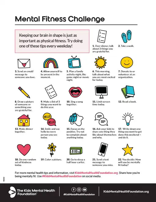 Daily Mental Fitness Challenge calendar and activity tracker for kids' wellness from The Kids Mental Health Foundation.