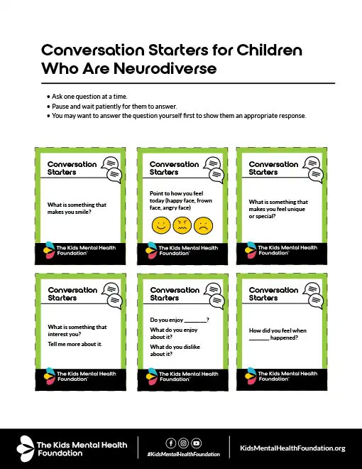 Conversation starters for neurodiverse children by The Kids Mental Health Foundation.