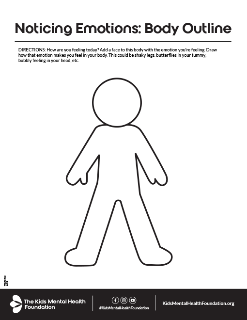 Children's emotional awareness worksheet with body outline drawing task from The Kids Mental Health Foundation.