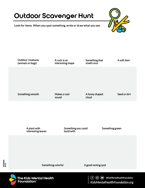 Printable outdoor scavenger hunt worksheet for kids by Kids Mental Health Foundation, featuring fun nature prompts like spotting bugs, clouds, leaves, and colorful items to encourage outdoor play and mindfulness.