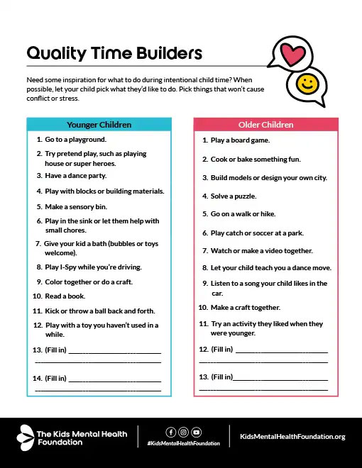 Quality time activity ideas for younger and older children, from the experts at The Kids Mental Health Foundation.