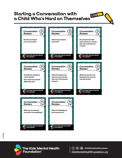 Mental health prompts for a self-critical child, developed by The Kids Mental Health Foundation to build self-esteem.