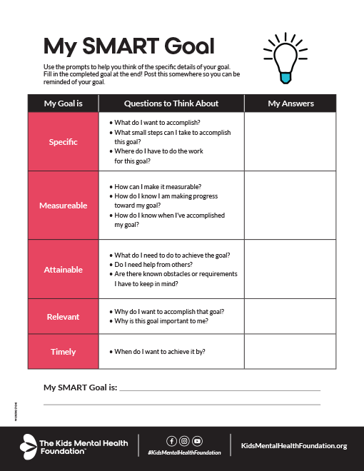 The Kids Mental Health Foundation's SMART goals setting worksheet for children to build planning habits.