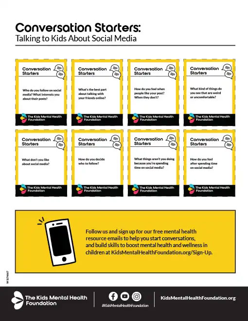 Social media discussion cards for parents to talk about online habits, from The Kids Mental Health Foundation.