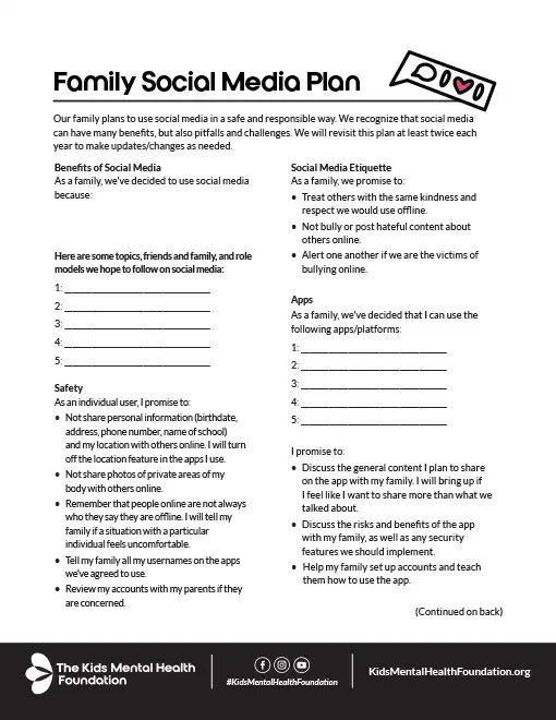 Family social media plan worksheet for online safety and digital etiquette, from The Kids Mental Health Foundation.