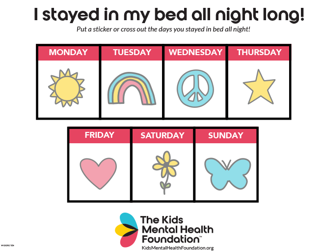 Children's bedtime routine tracking chart for healthy sleep habits, from The Kids Mental Health Foundation.