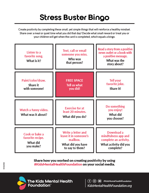 Stress buster bingo card with healthy coping activities for children, from The Kids Mental Health Foundation.