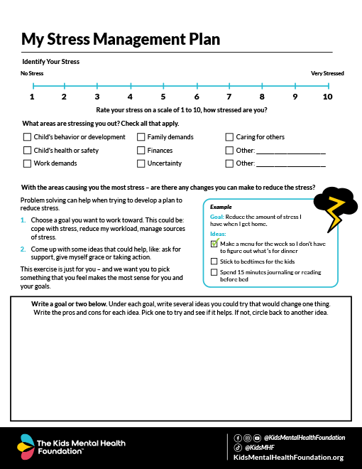 Mental wellness worksheet titled 'My Stress Management Plan' featuring a stress rating scale, checklist of common stressors, and space to set personal goals and actionable ideas to reduce stress.