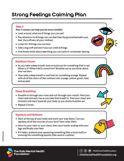 Mindfulness worksheet titled "Strong Feelings Calming Plan" with grounding, breathing, and muscle relaxation exercises.