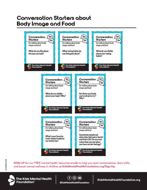 Discussion cards about body image, healthy eating, and self-esteem in kids, from The Kids Mental Health Foundation.