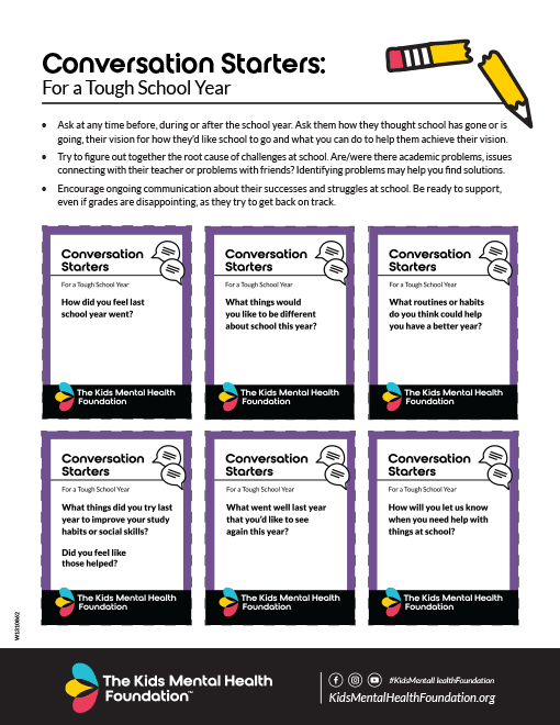 Discussion cards for a tough school year to help kids navigate academic stress, from The Kids Mental Health Foundation.