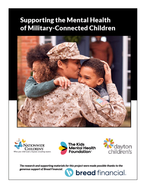 CPortada del informe técnico «Apoyo a la salud mental de los niños vinculados al ámbito militar», en la que aparece un progenitor militar abrazando a dos niños, junto con los logotipos de Nationwide Children’s, The Kids Mental Health Foundation, Dayton Children’s y Bread Financial.